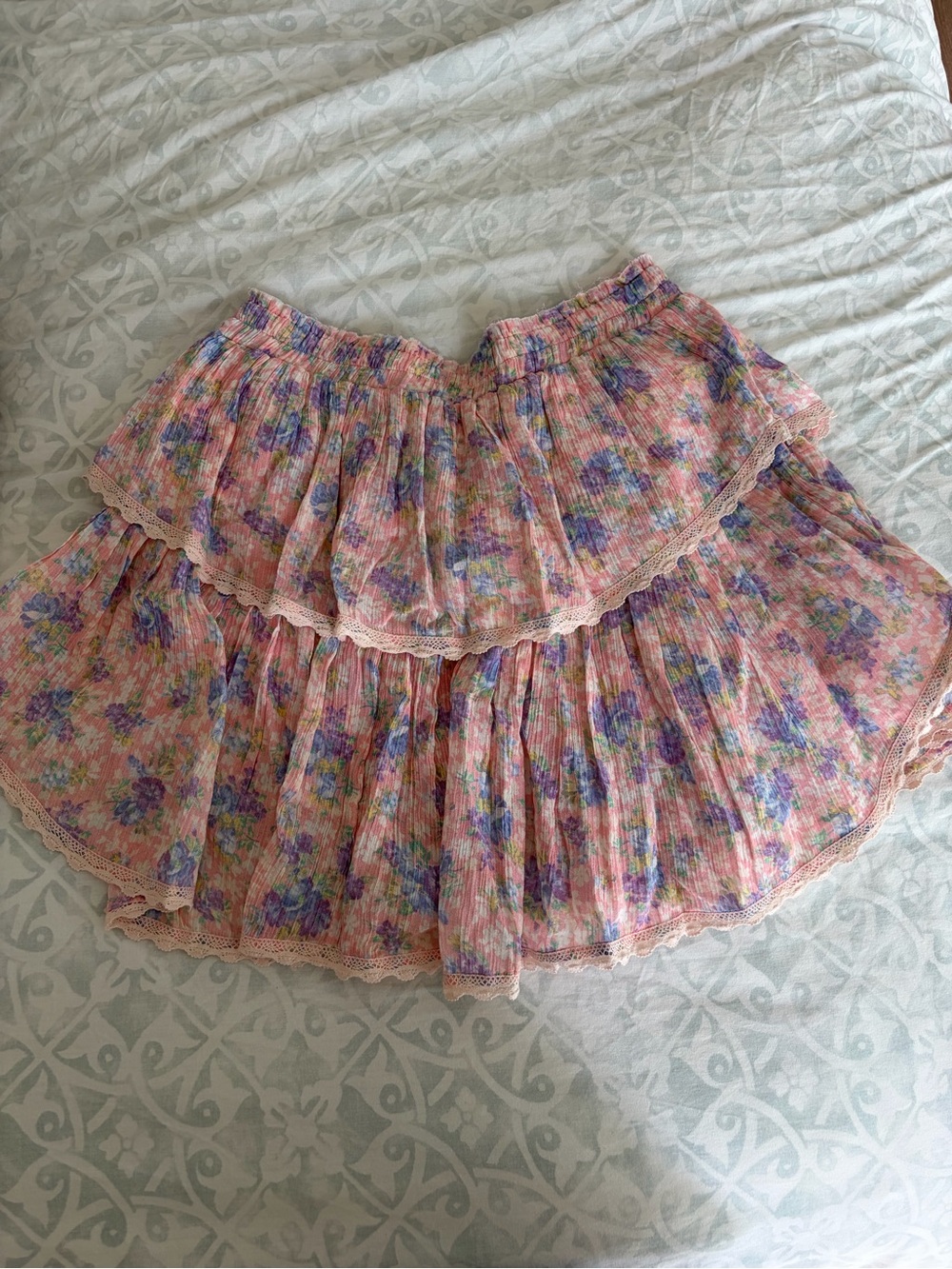 LoveShackFancy Pink Floral Ruffle Mini Skirt